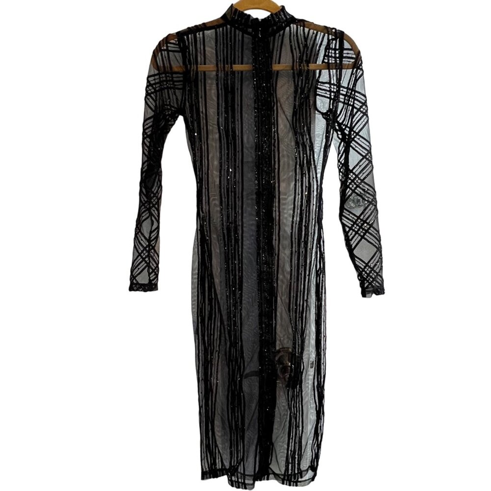 House Of London Sexy Sheer Black Sequin Fitted Black Evening Dress Small